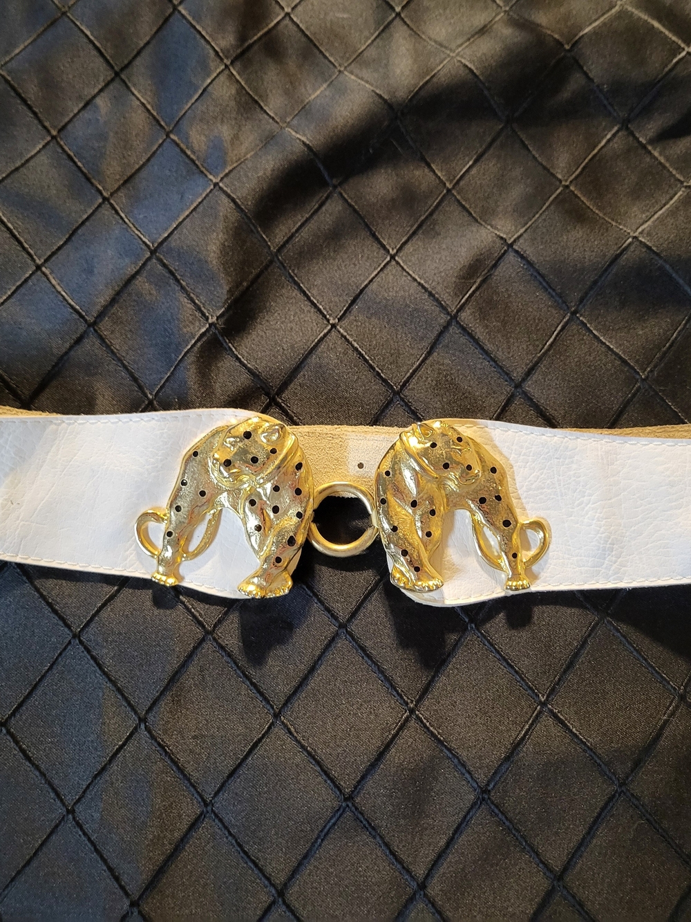 White Women's Leather Belt with Gold Leopard Buckle 80s RETRO